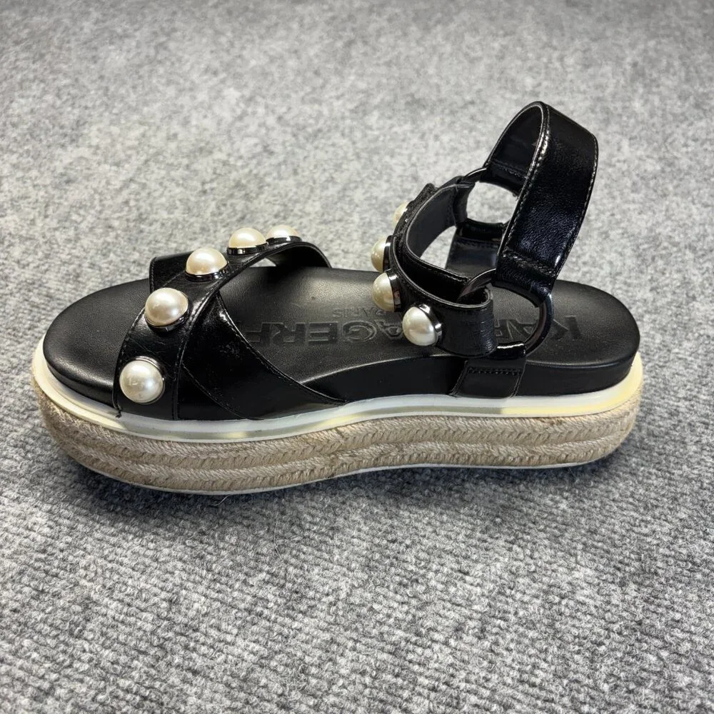 Karl Lagerfeld Womens Black Platform Espadrille Sandals Pearl Ankle Strap 7M